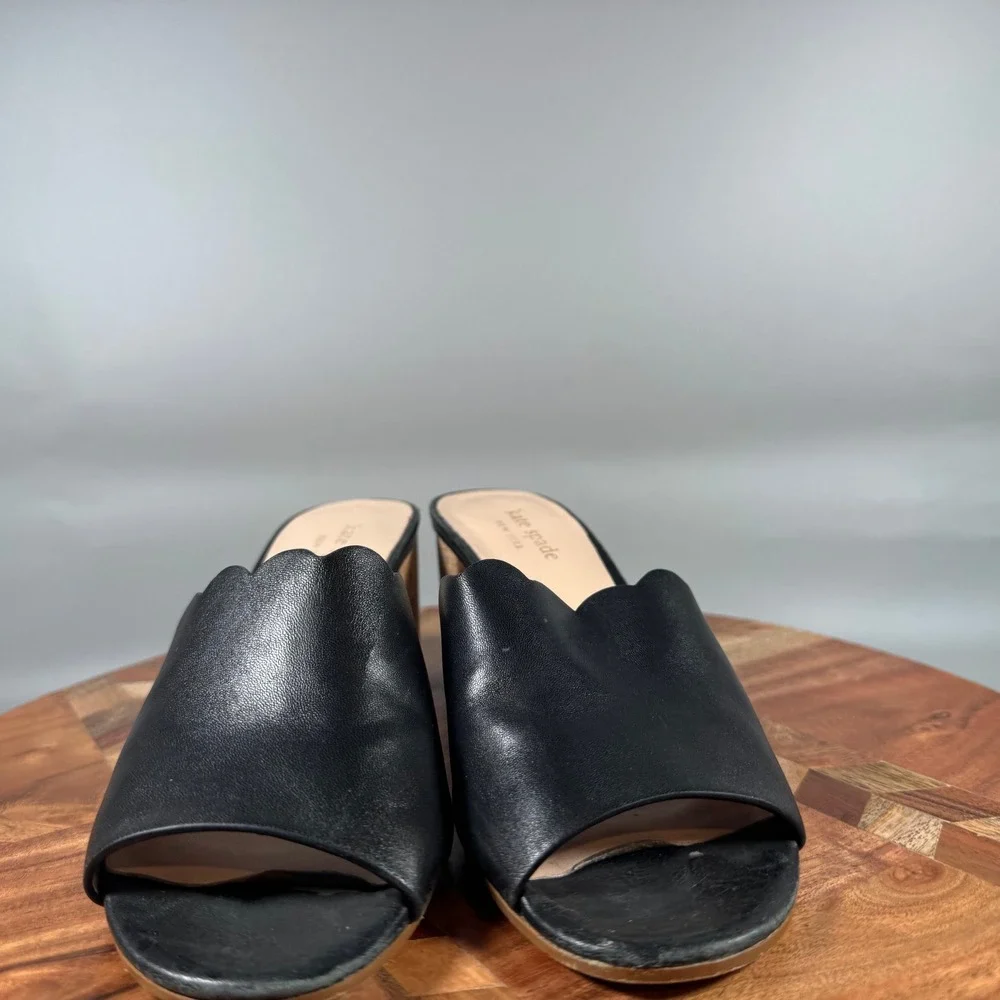 Kate Spade New York Black Leather Scalloped Slide Mules Cork Block Heel Size 6M